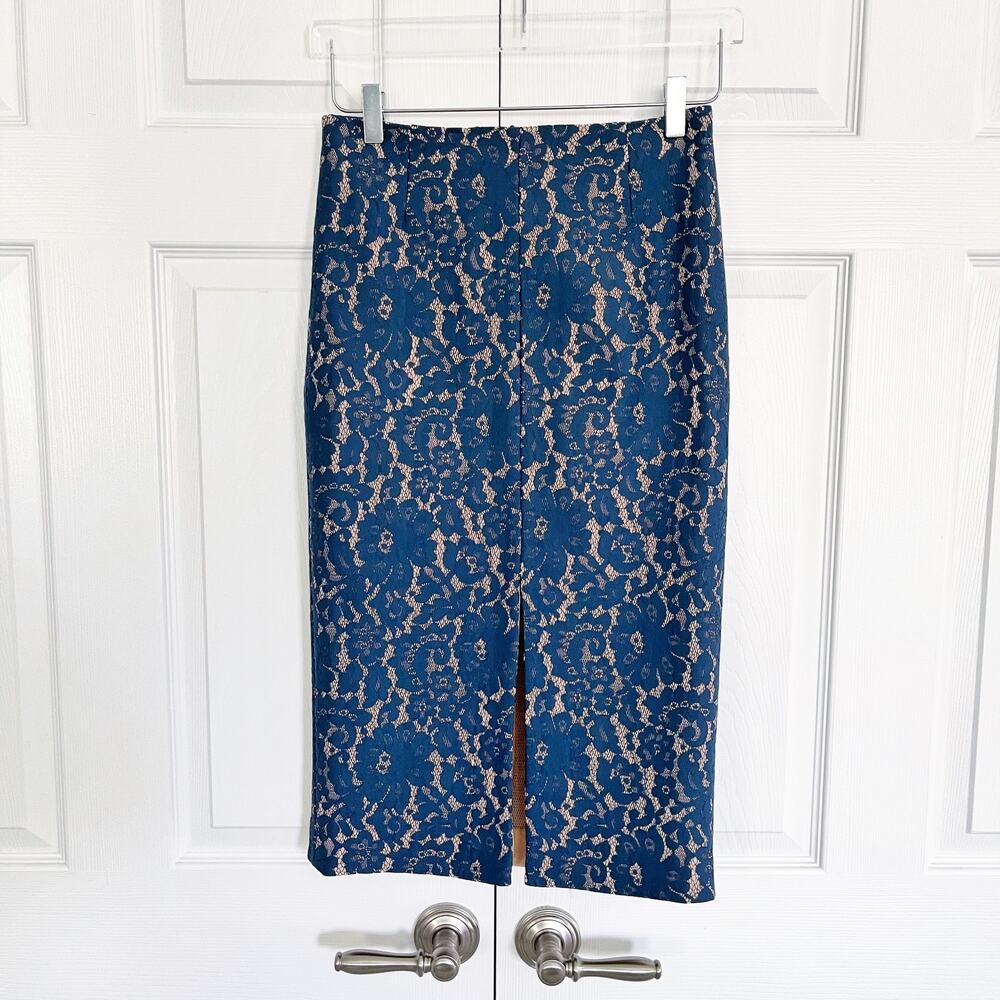 Keepsake The Label Every Way Blue Floral Lace Pencil Midi Skirt Romantic Glam